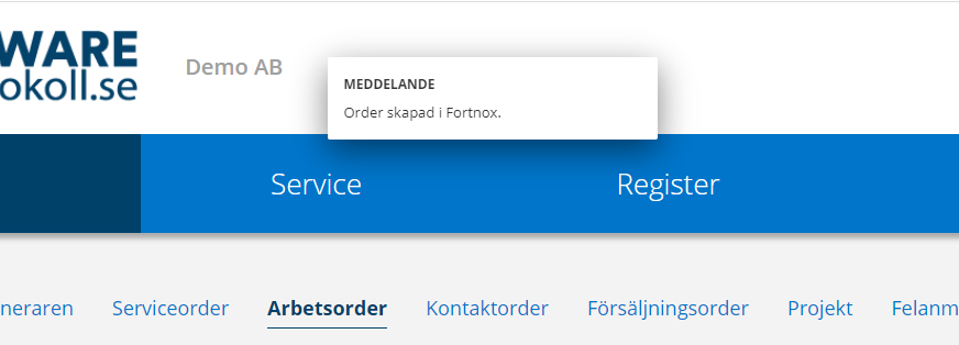 Order skapad i fortnox
