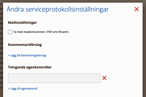 Skärmdump från modulinställningar för Serviceprotokoll