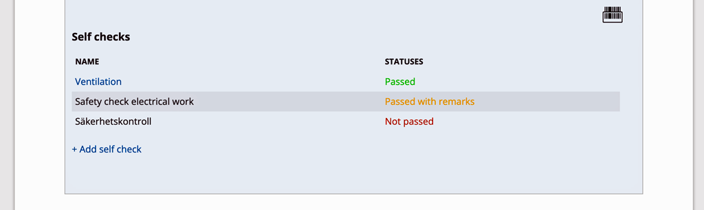 List of self checks with different status and colors. Green for Passed, Orange för Passed with remarks and Red for Not passed.