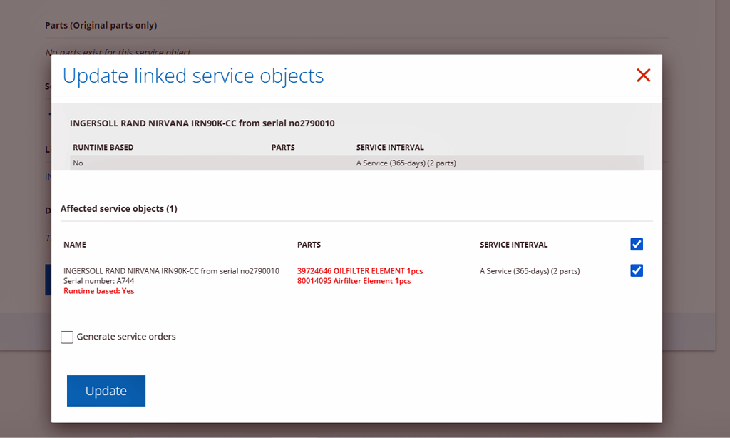 Updating service objects linked to a service template.